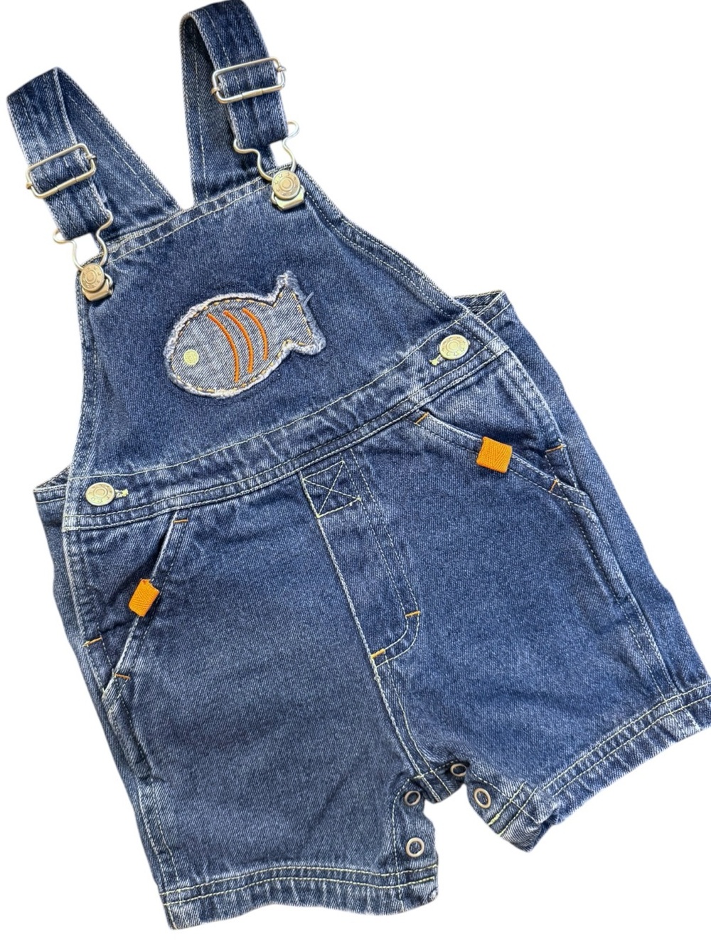 Vintage Nursery Rhyme Denim Shortalls Fish Boat Embroidered Baby 18M 100% Cotton